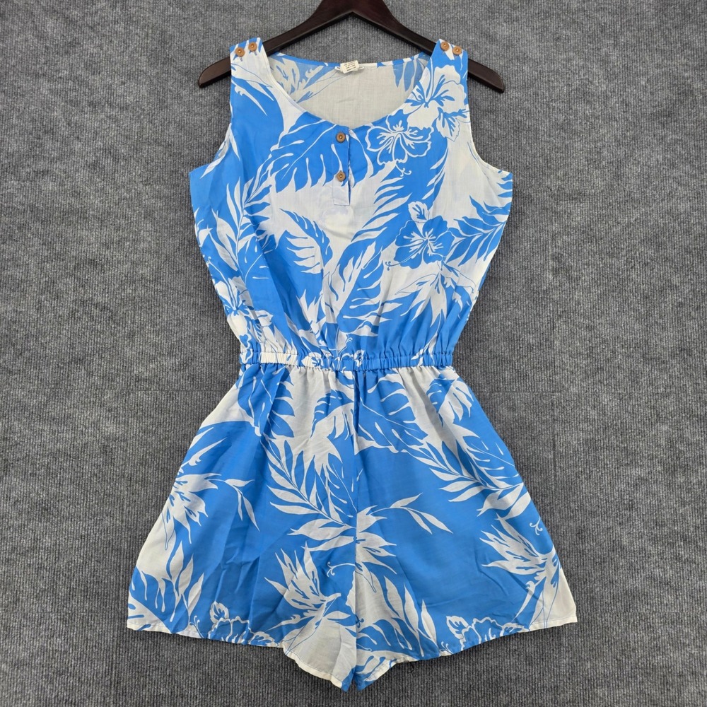 Vintage Made in Hawaii Tropical Floral Romper Blue White Sleeveless Large